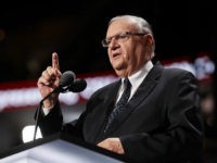 CLEVELAND, OH - JULY 21: Maricopa County Sheriff Joe Arpaio gestures to the crowd as he delivers a speech on the fourth day of the Republican National Convention on July 21, 2016 at the Quicken Loans Arena in Cleveland, Ohio. Republican presidential candidate Donald Trump received the number of votes needed to secure the party's nomination. An estimated 50,000 people are expected in Cleveland, including hundreds of protesters and members of the media. The four-day Republican National Convention kicked off on July 18. (Photo by Chip Somodevilla/Getty Images)