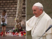 Left: A mourner at the site of the terror attacks in Barcelona, Spain. Right: Pope Francis.