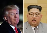 US President Donald Trump, left, has traded barbs via social media with North Korean leader Kim Jong-Un, right