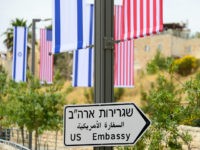 JERUSALEM, ISRAEL - MAY 8, 2018: A road sign indicating the direction of the US Embassy in Jerusalem. Sergey Orlov/TASS (Photo by Sergey OrlovTASS via Getty Images)